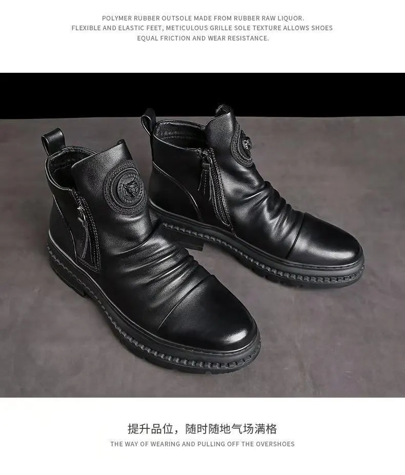 Men's Boots Fashion Motorcycle Boot Luxury Leather Ankle Boots Plush Warm Winter Boots for Men Casual Platform Boot Botas Hombre