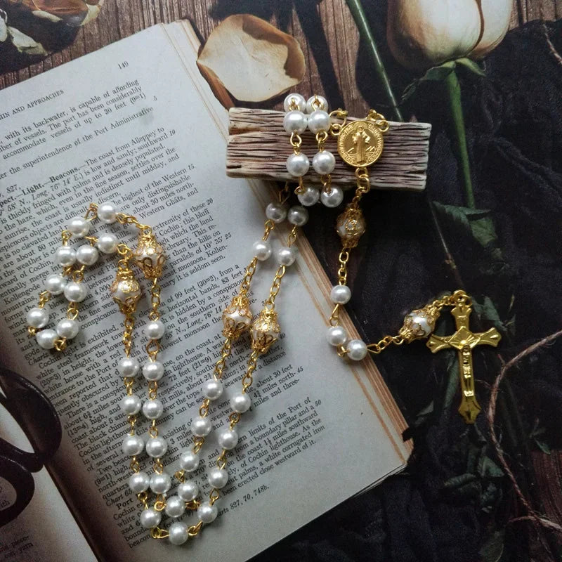Religious Five Blessed Rosary Necklace  Prayer Beaded Chain Chaplet Saint Benedict Medal Crucifix Cross Y-Necklace  Jewelry