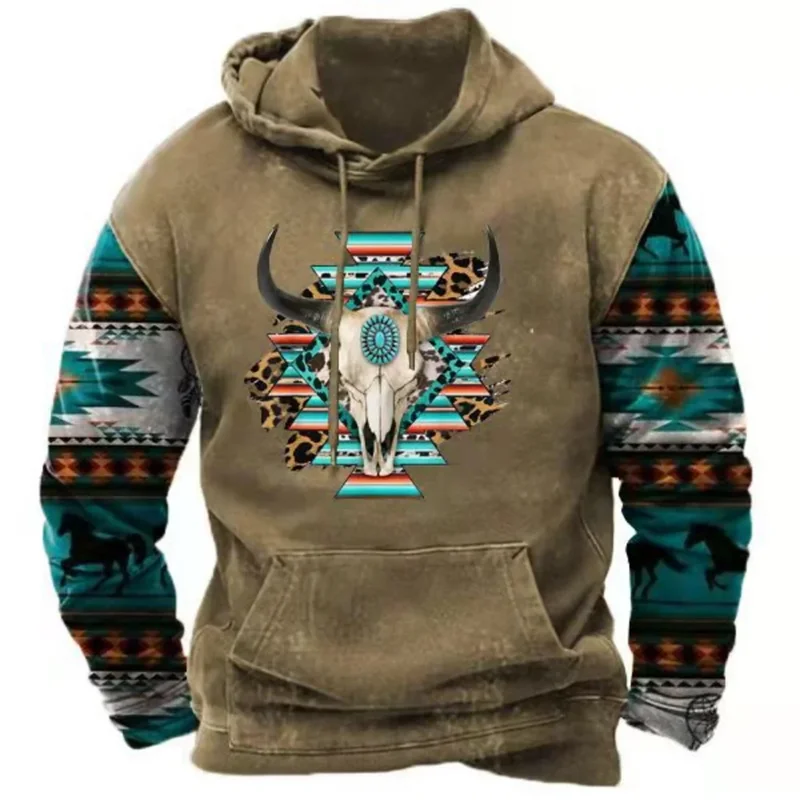 2026 Fall Vintage Print Hoodie Western Cowboy Hoodie Sweatshirt Everyday Casual Oversized Pullover Vintage Street Wear