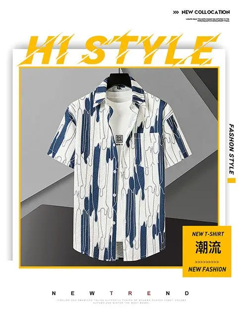 Yidun Jacquard Pocket Shirt Men's Short Sleeve Trendy Style Thin Loose Summer Casual Fashion Slim