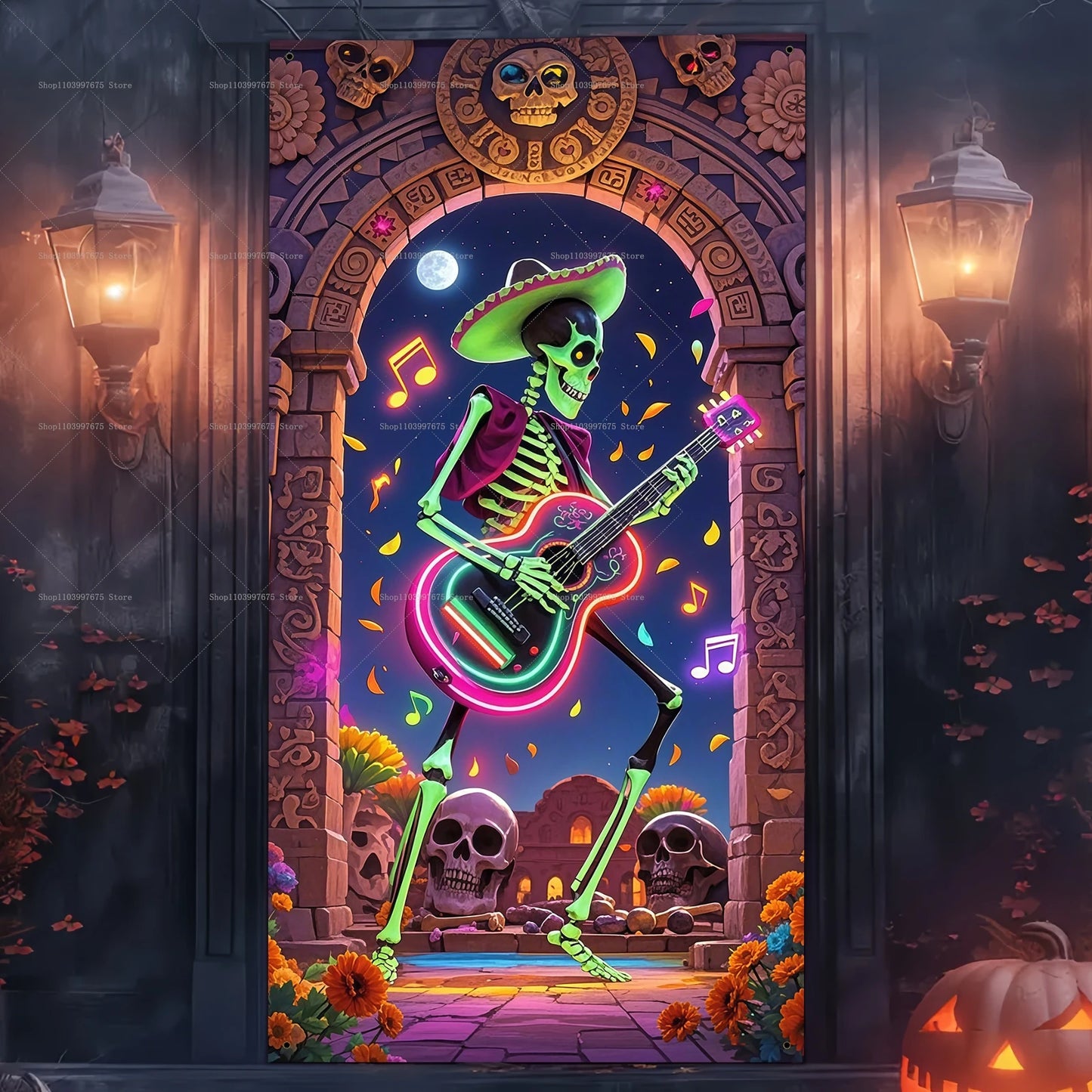 Day of The Dead Sugar Skull Flowers Backdrop Dia De Los Muertos Mexican Fiesta Door Banner for Indoor Outdoor Background Decor