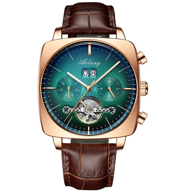 Ailang Men's automatic mechanical watch square case hollow waterproof luminous calendar multi-functional fashion wristwatch