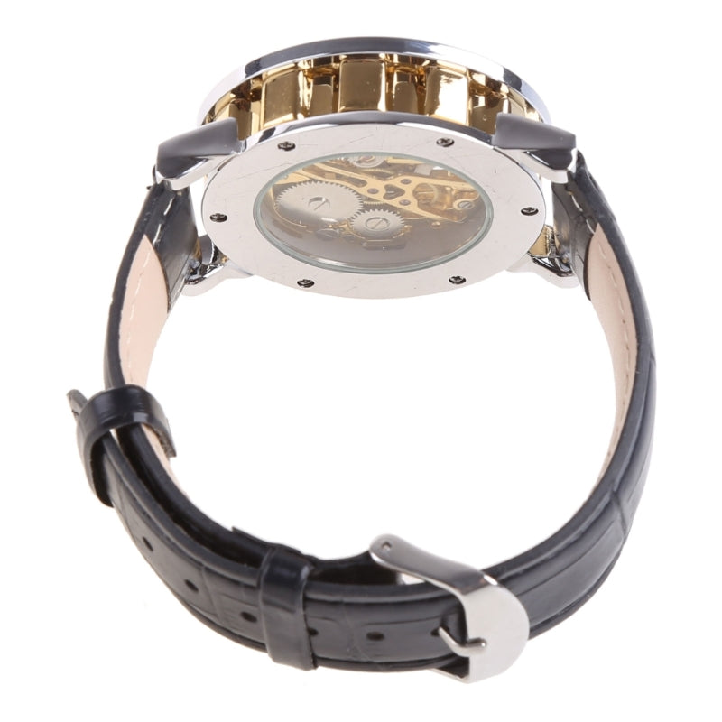 Mens Mechanical Watch Black Leather Gold Skeleton Sport Wristwatch Cool Relogio