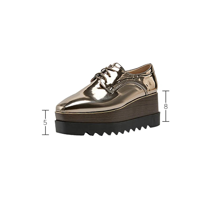 8cm Heeled Platform Wedge Shoes Fall High Heels Wedges Women Patent Leather Lace Up Square Toe Creepers Pumps Damen Luxus
