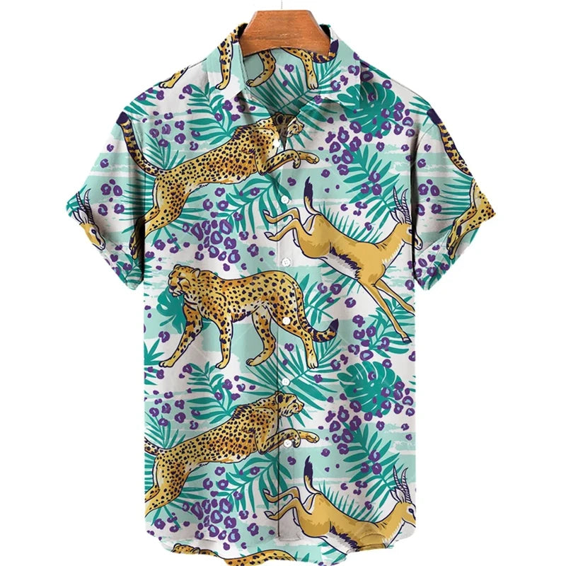 Hawaiian Animal Pattern Vintage Casual T-Shirt For Men 3D Print Leopard Tiger Short-sleeved Shirts Holiday Party Harajuku Tops