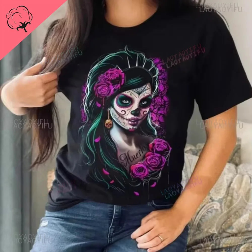 Sugar Skull T-Shirt La Catrina Girl with Purple Roses Dia De Los Muertos Sugar Skull Day of The Dead Tee Gifts for Men and Women