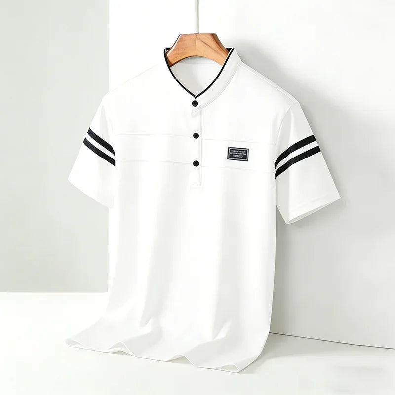 2026 Men's Mandarin Collar Polo Shirt Contrast Striped Short Sleeve Slim Fit Casual Daily Top