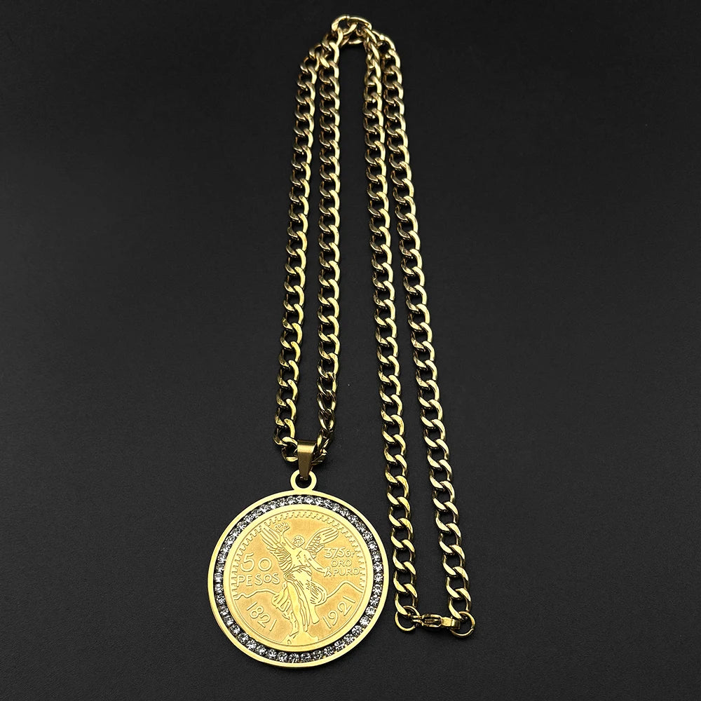 1921 Mexican 50 Pesos Coins Crystals Pendant Necklace for Men Women Stainless Steel Gold Color Winged Victory Chain Jewelry Gift