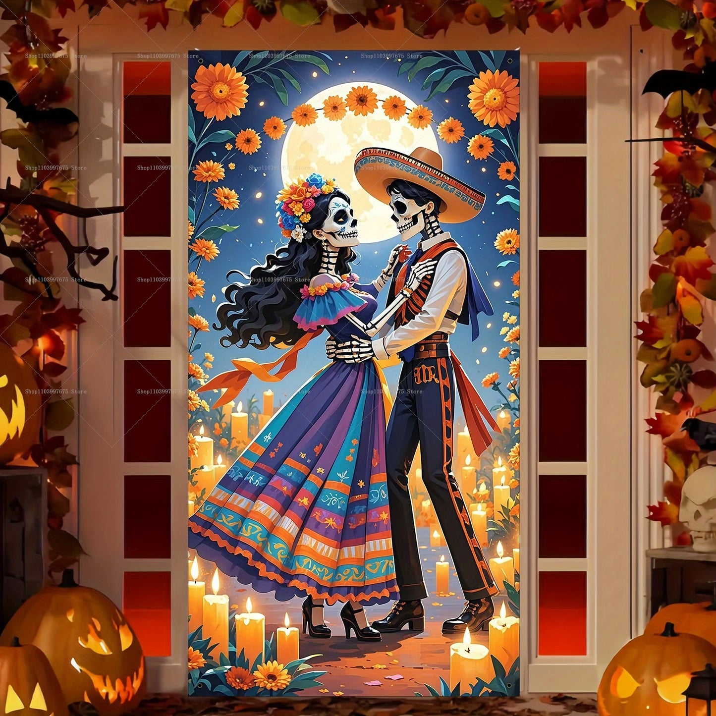 Day of The Dead Sugar Skull Flowers Backdrop Dia De Los Muertos Mexican Fiesta Door Banner for Indoor Outdoor Background Decor