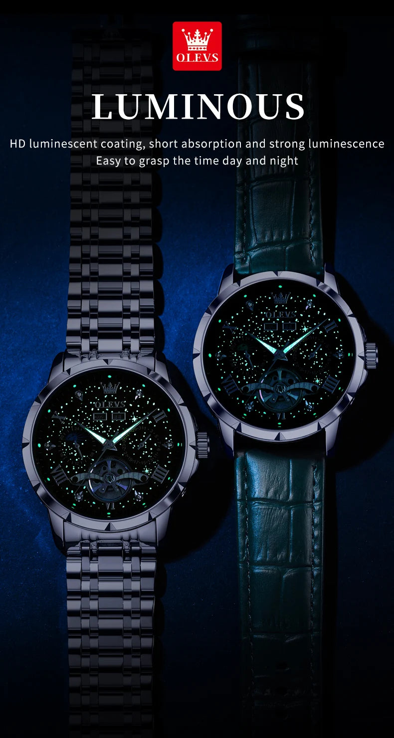 OLEVS 6690 Luxury Men Mechanical Watch Fully Automatic Watch Men's Brand Starry Sky Flywheel Moon Phase Hollow Men Formal Watch