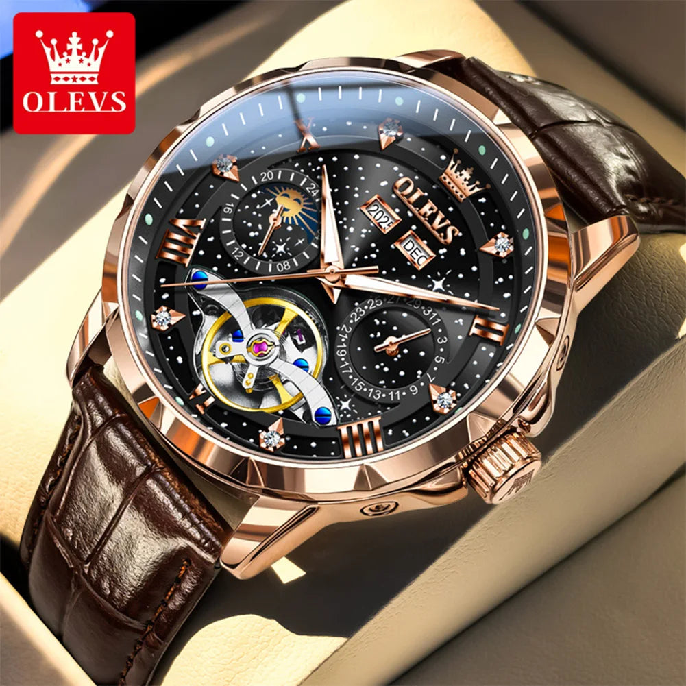 OLEVS 6690 Luxury Men Mechanical Watch Fully Automatic Watch Men's Brand Starry Sky Flywheel Moon Phase Hollow Men Formal Watch