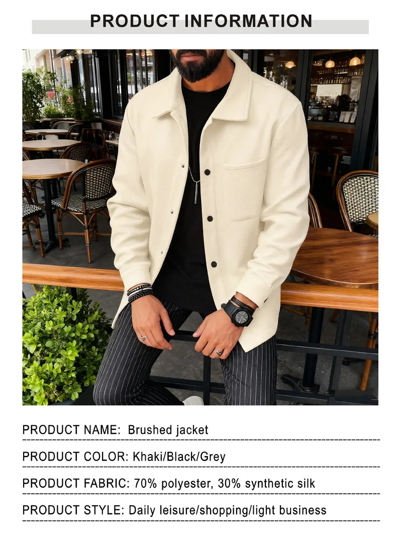 Polyester Brushed Short Jacket for Men, Lapel Button-Down Pocket Coat, Comfortable Casual Autumn Winter Office Business Wear