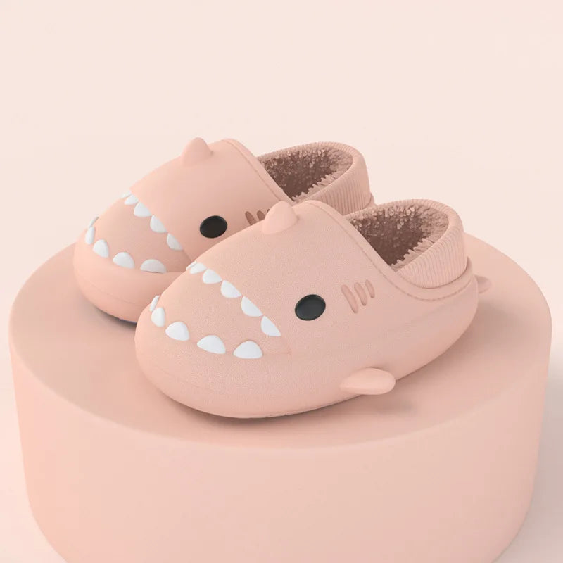 Comwarm Plush Shark Slippers For Women Men Winter Warm Cartoon Cotton Slippers Couple Non-Slip Waterproof Outdoor Home Shoes