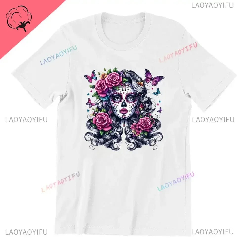 Sugar Skull T-Shirt La Catrina Girl with Purple Roses Dia De Los Muertos Sugar Skull Day of The Dead Tee Gifts for Men and Women