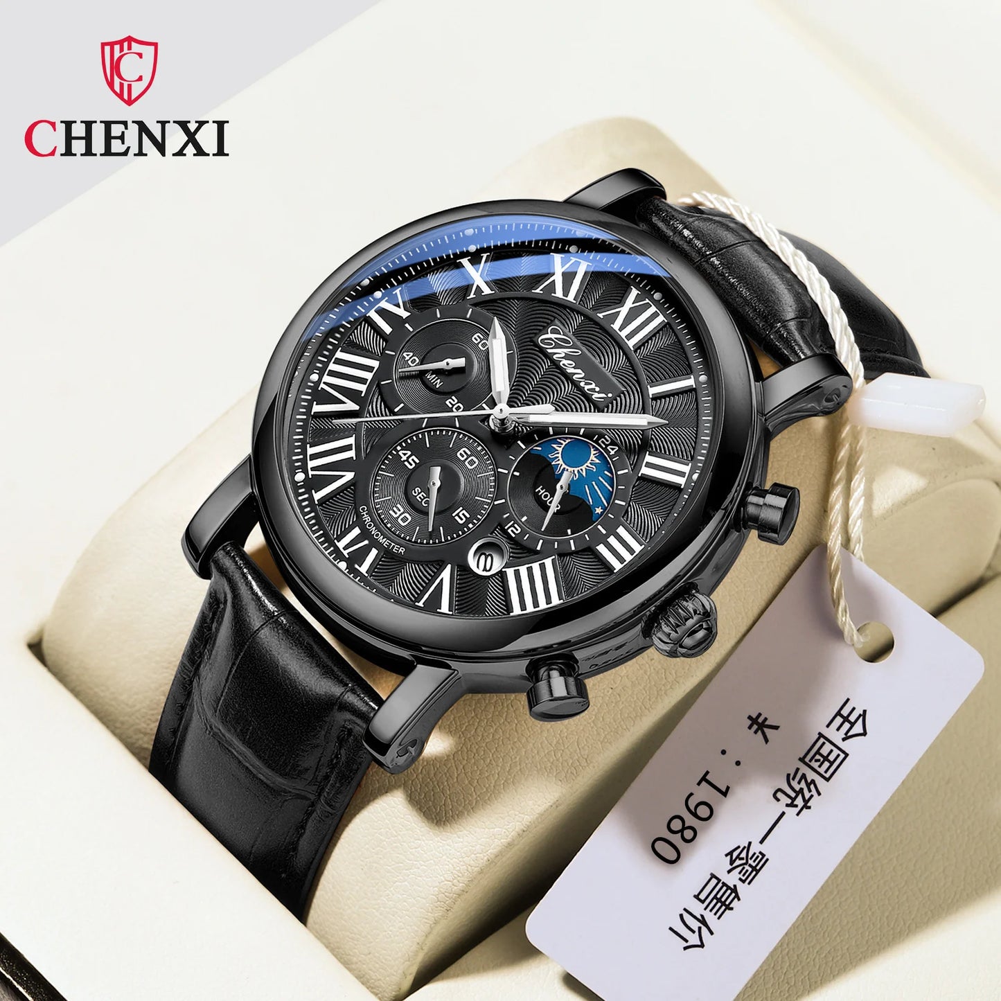 CHENXI 973 Quartz Watch Multi-function Business Moon Phase Date Waterproof Rome Analog Dial Leather Wrist Watch for Male