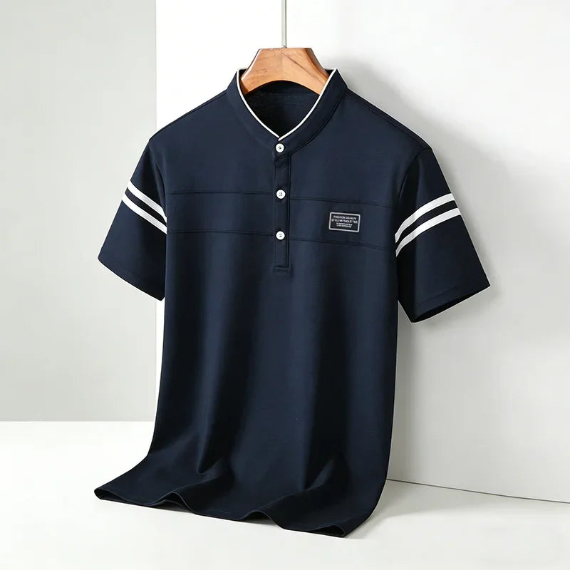 2026 Men's Mandarin Collar Polo Shirt Contrast Striped Short Sleeve Slim Fit Casual Daily Top