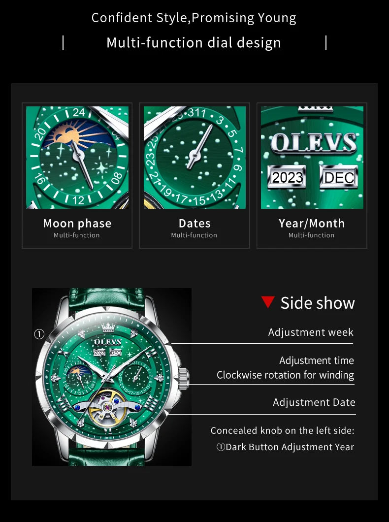 OLEVS 6690 Luxury Men Mechanical Watch Fully Automatic Watch Men's Brand Starry Sky Flywheel Moon Phase Hollow Men Formal Watch
