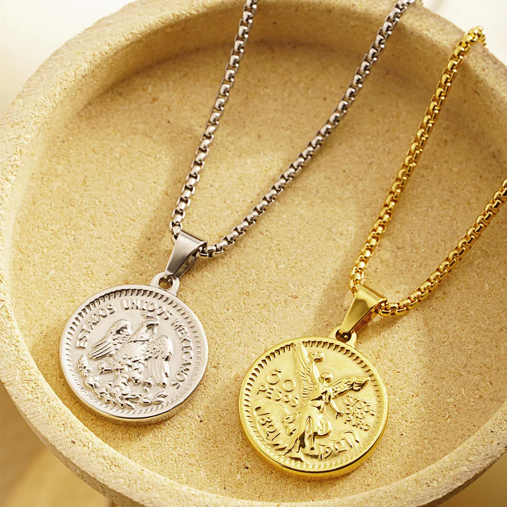 Men Women Round Mexican Coin Centenario Moneda 50 Pesos Pendant Necklace