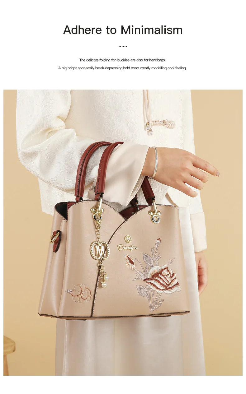 Mother's Day gift: a bag for mom，Carnation Embroidered Handbag，Beautiful tote bag for commuting，Lightweight, large-capacity thre