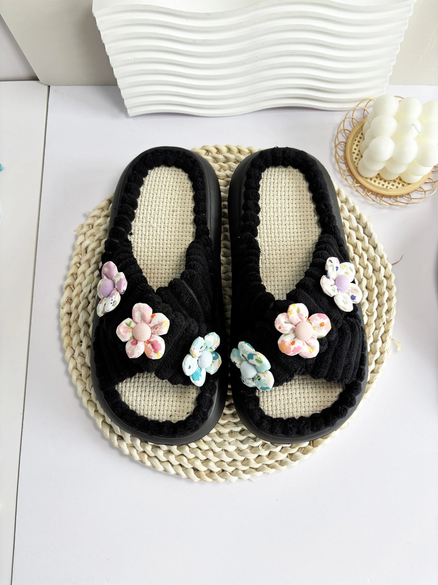 2024 Autumn Winter New Women Home Slippers Open-Toe Cross Band Linen Soled Indoor Slides Linen Soled Non-Slip Bathroom Slippers
