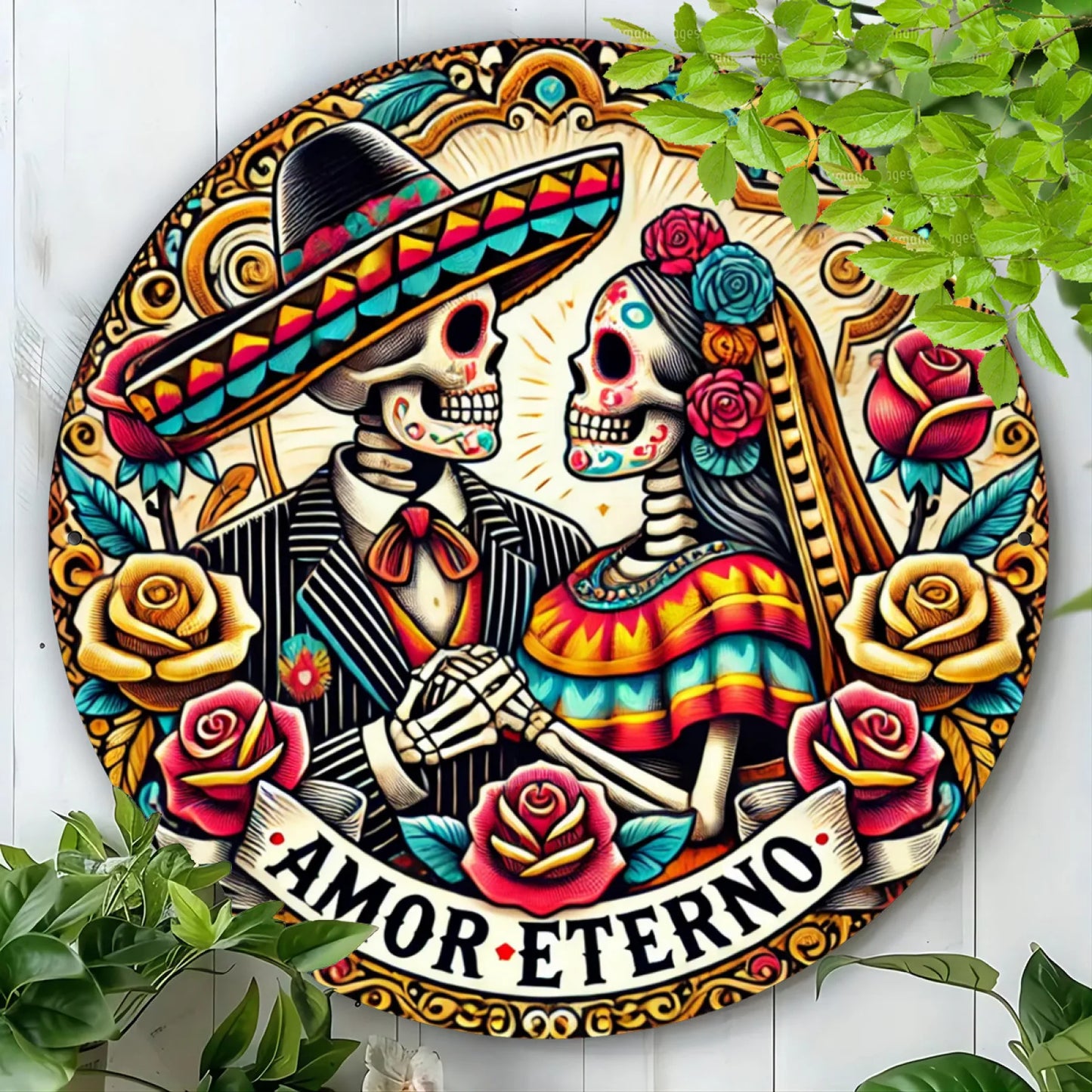 Dia de los Muertos Aluminum Wall Art, Eternal Affection Skeleton Couple Wreath, Round Metal Sign Decor, Festive Engraving