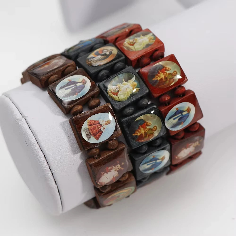 Saints Religion Rosary Wooden Bracelets Men Women Fashion Holy Icon JESUS Virgin Mary Catholic Jesus Beads Bracelet Jewelry Gift