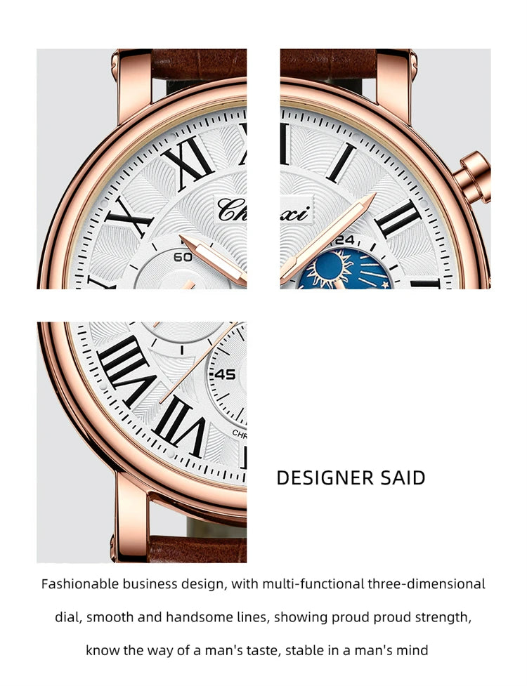 CHENXI 973 Quartz Watch Multi-function Business Moon Phase Date Waterproof Rome Analog Dial Leather Wrist Watch for Male