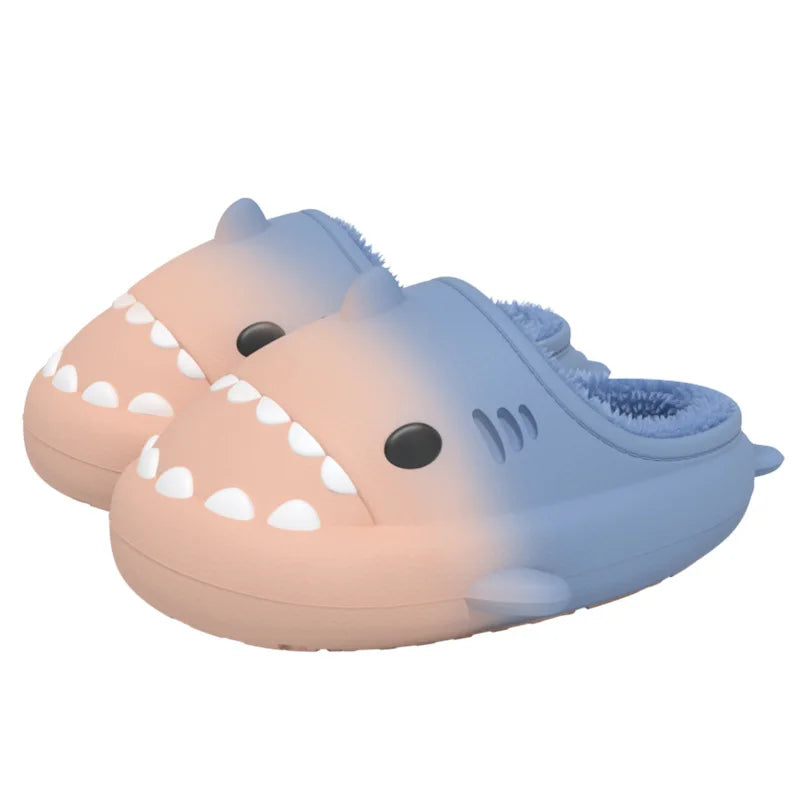 Comwarm Plush Shark Slippers For Women Men Winter Warm Cartoon Cotton Slippers Couple Non-Slip Waterproof Outdoor Home Shoes