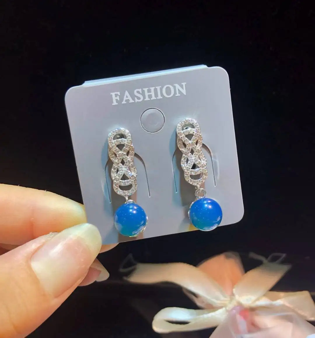 Certificated 925 Silver Natural Mexican Blue Amber Jewelry Set Luxury High Fashion Blue Bead Necklace/Drop Dangle Earring/Rings