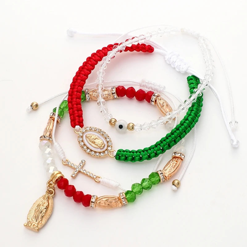 4 Pcs/Set Fashion Mexican Series Cross Virgin Mary Bracelets With Card, Red White Green Braided Bracelet Set For Women Jewelry