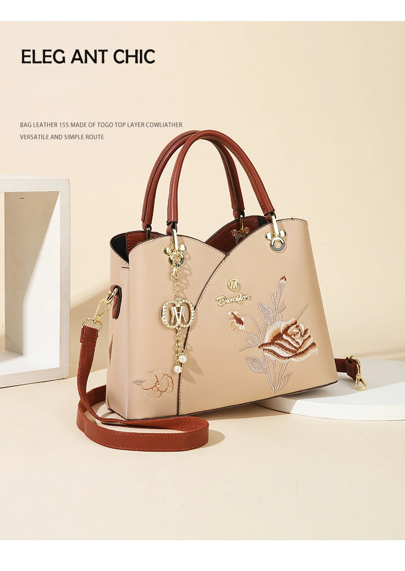 Mother's Day gift: a bag for mom，Carnation Embroidered Handbag，Beautiful tote bag for commuting，Lightweight, large-capacity thre