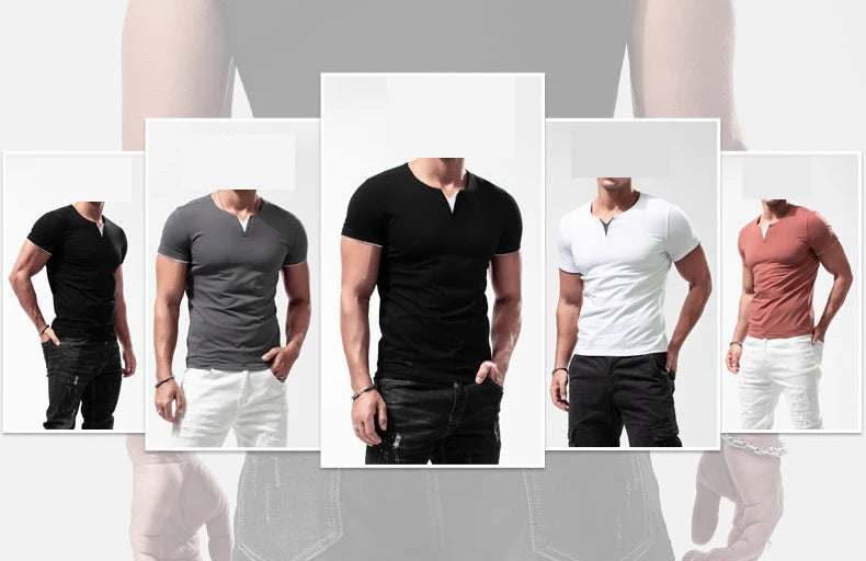 New Mens Short Sleeve Color Match Shirts Cotton Slim Fit Large V Neck TShirt Fitness Jogging Basic Crew Neck Tops