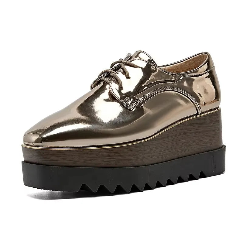 8cm Heeled Platform Wedge Shoes Fall High Heels Wedges Women Patent Leather Lace Up Square Toe Creepers Pumps Damen Luxus