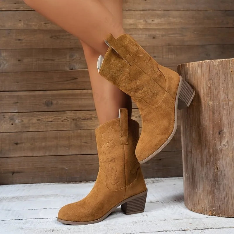 Women Boots 2025 New Cowboy Retro Leather Ankle Boots Comfortable Embroidered 2025 Autumn Sexy High Short Boots Botas Mujer