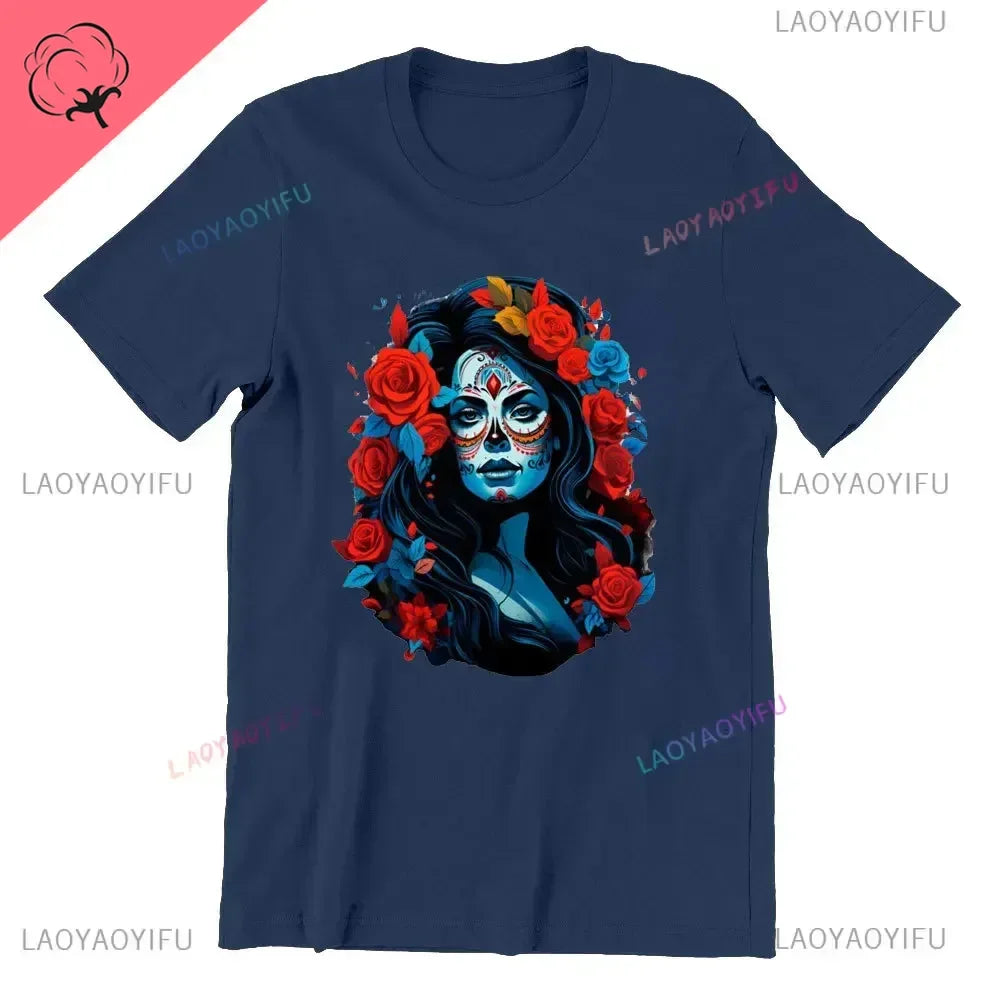 Sugar Skull T-Shirt La Catrina Girl with Purple Roses Dia De Los Muertos Sugar Skull Day of The Dead Tee Gifts for Men and Women