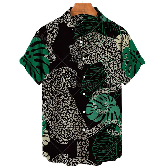 Hawaiian Animal Pattern Vintage Casual T-Shirt For Men 3D Print Leopard Tiger Short-sleeved Shirts Holiday Party Harajuku Tops