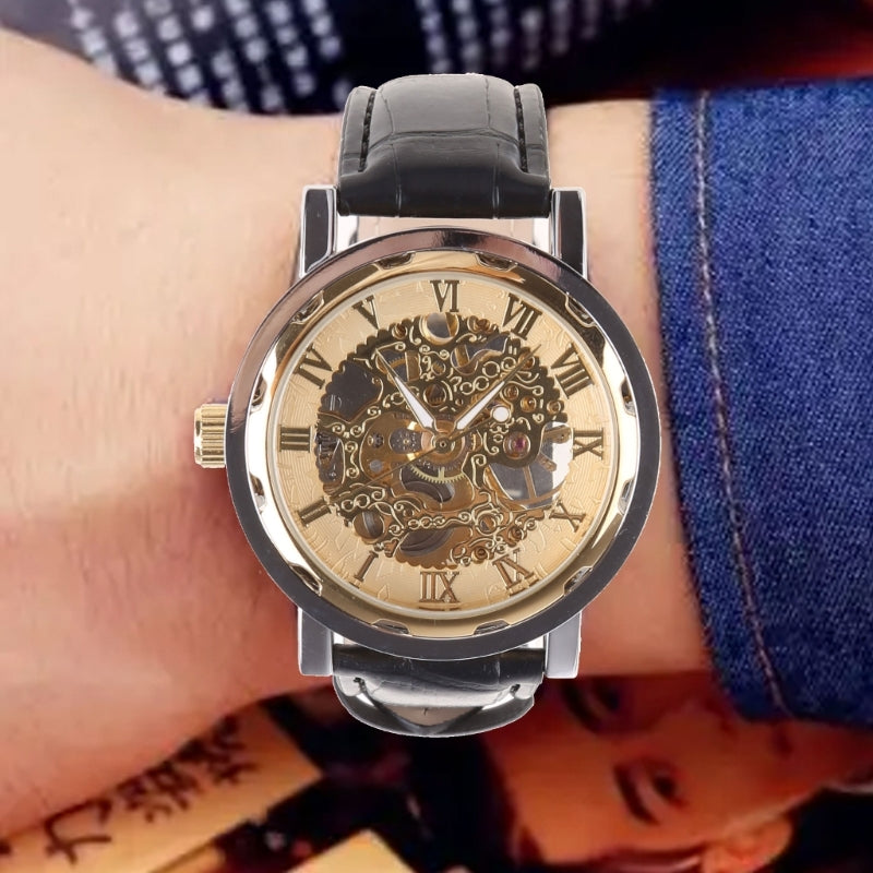 Mens Mechanical Watch Black Leather Gold Skeleton Sport Wristwatch Cool Relogio