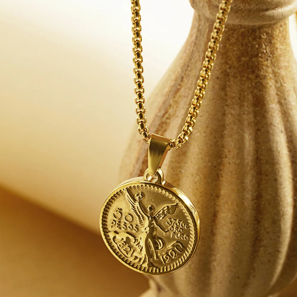 Men Women Round Mexican Coin Centenario Moneda 50 Pesos Pendant Necklace