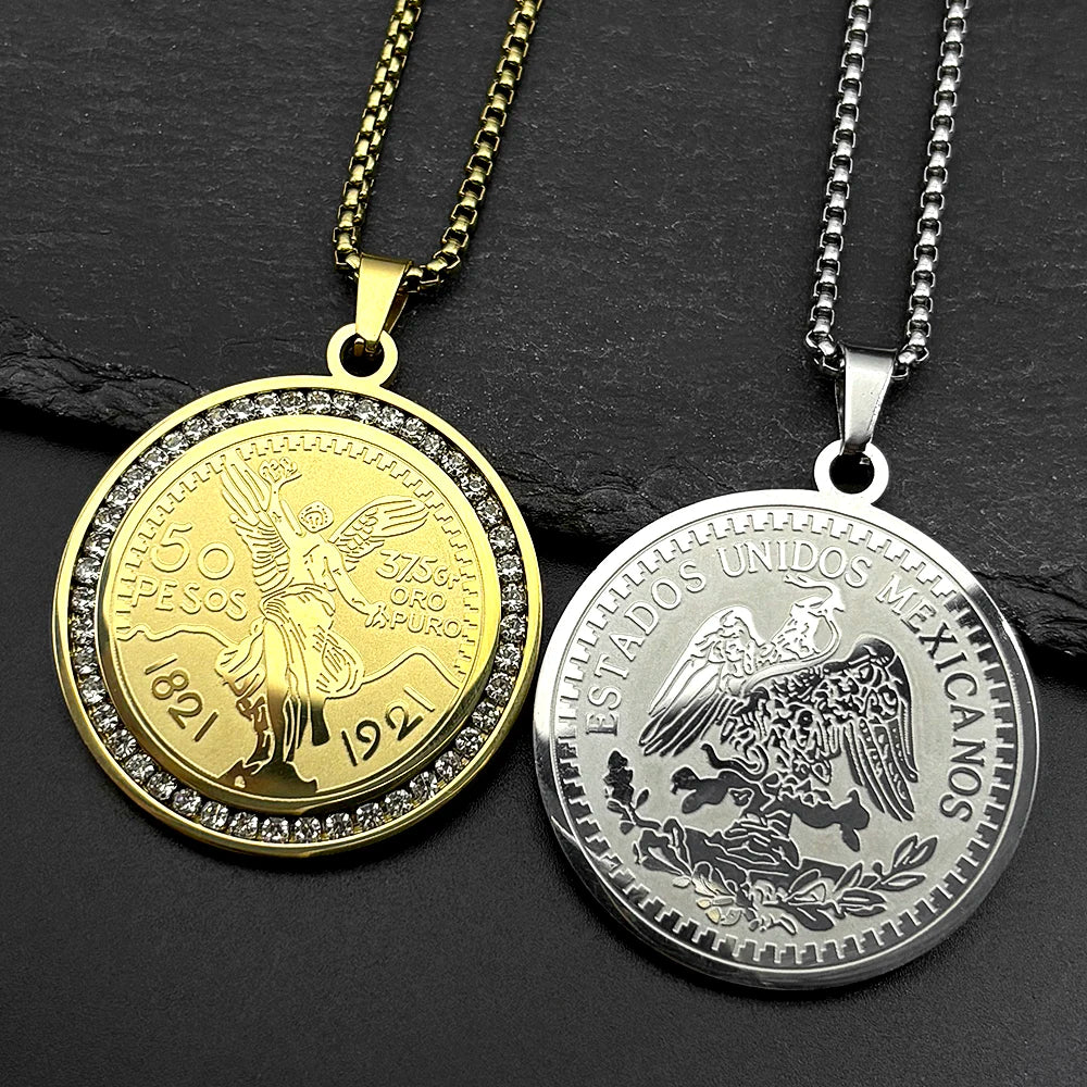 1921 Mexican 50 Pesos Rhinestones Pendant Necklace for Men Women Stainless Steel Gold Color Winged Victory Chain Amulet Jewelry