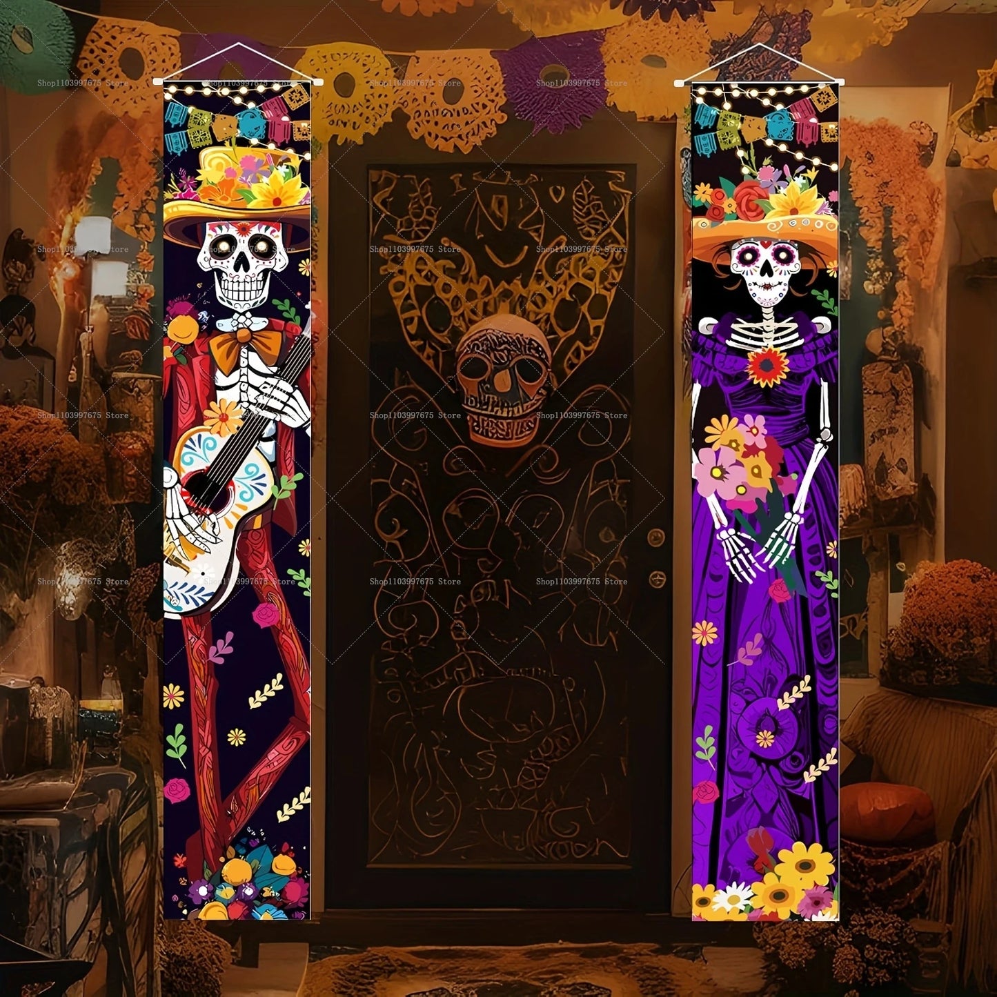 Halloween Decorations Dia De Los Muertos Porch Sign Banners Mexico Day of The Dead Hanging Banner for Indoor Outdoor Wall Decor
