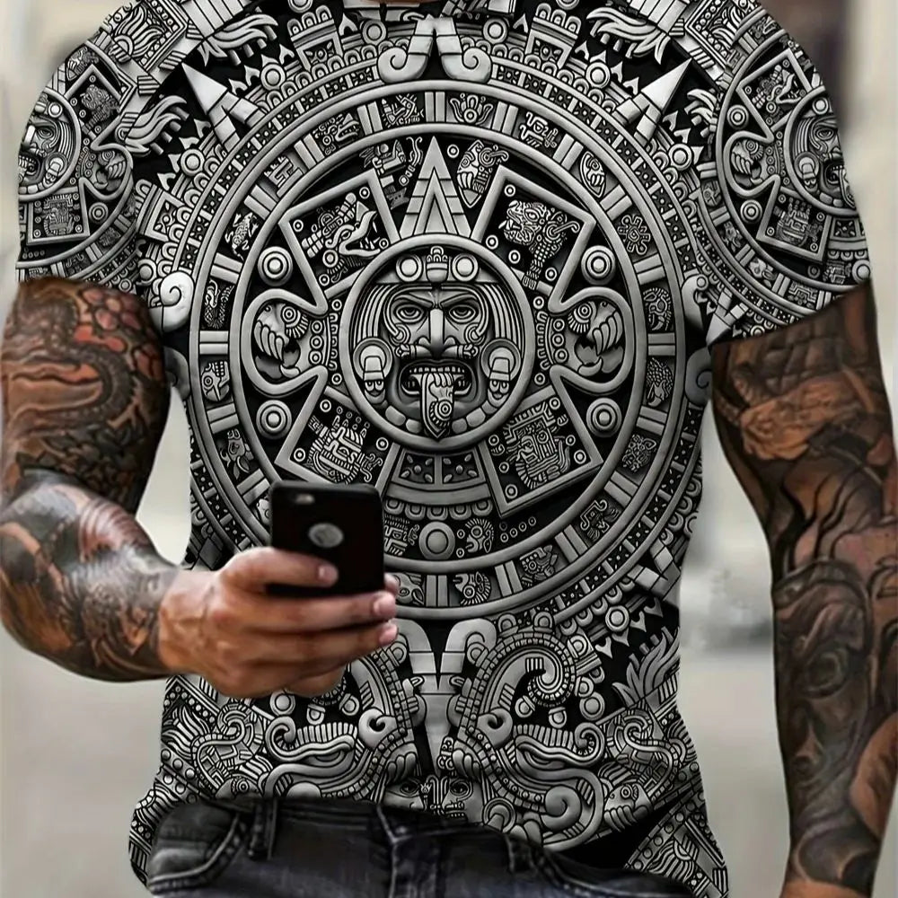 Aztec Themed Pattern 3D Print T shirt Compression Shirt Short Sleeve Tee Men's Summer T-shirts Vintage Print Men's Clothes Tops