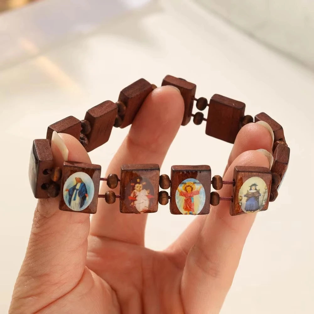 Saints Religion Rosary Wooden Bracelets Men Women Fashion Holy Icon JESUS Virgin Mary Catholic Jesus Beads Bracelet Jewelry Gift
