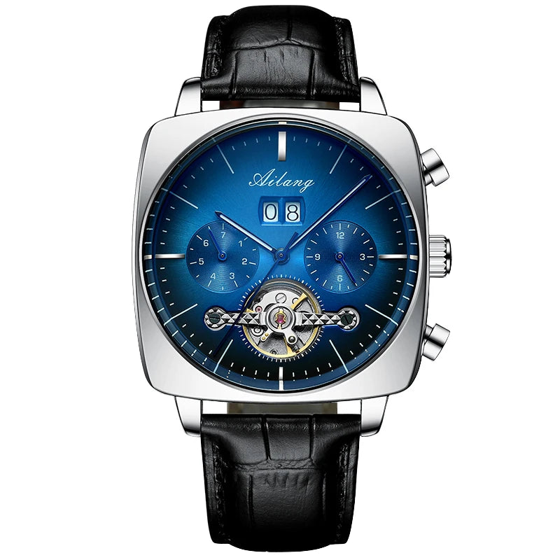 Ailang Men's automatic mechanical watch square case hollow waterproof luminous calendar multi-functional fashion wristwatch
