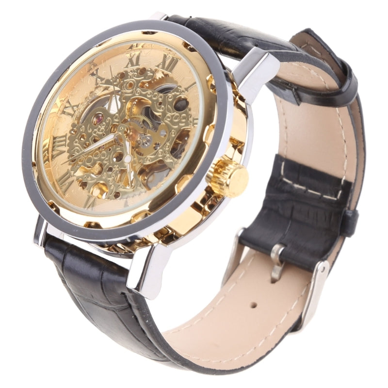 Mens Mechanical Watch Black Leather Gold Skeleton Sport Wristwatch Cool Relogio