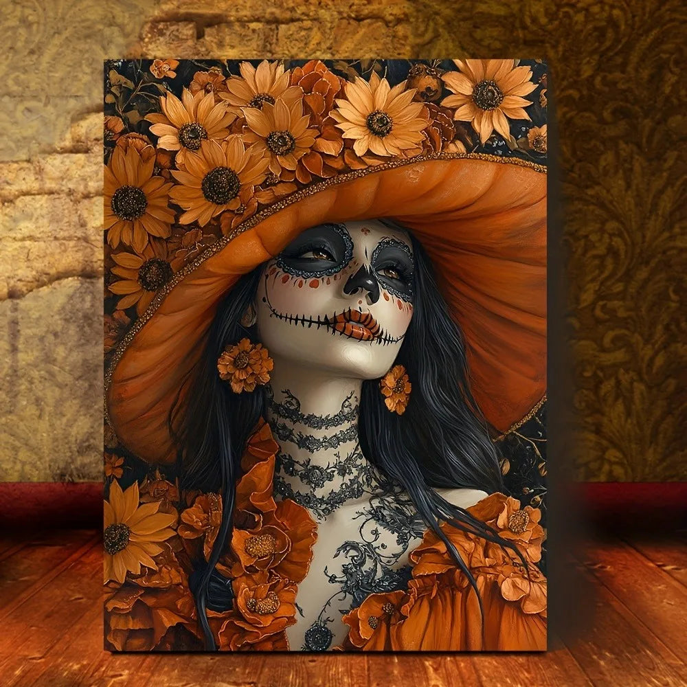 La Calavera Catrina Canvas Wall Art - Vibrant Orange Floral Sugar Skull Dia de los Muertos Decor for Home Bar Office