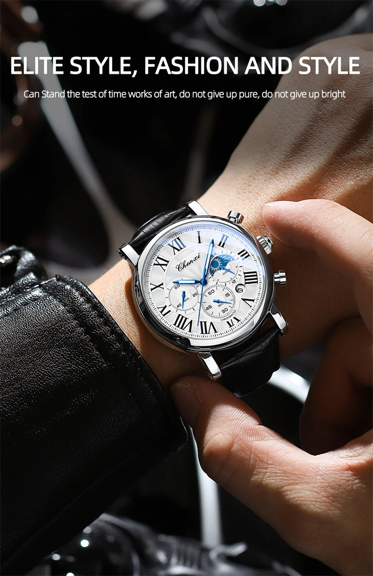 CHENXI 973 Quartz Watch Multi-function Business Moon Phase Date Waterproof Rome Analog Dial Leather Wrist Watch for Male