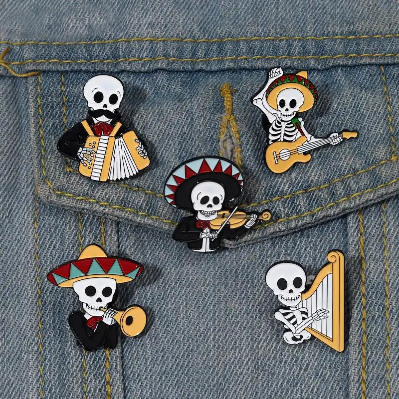 Mexican Concert Enamel Pins Custom Accordion Violin Harp Brooches Lapel Badges Gothic Performers Jewelry Gift for Friends