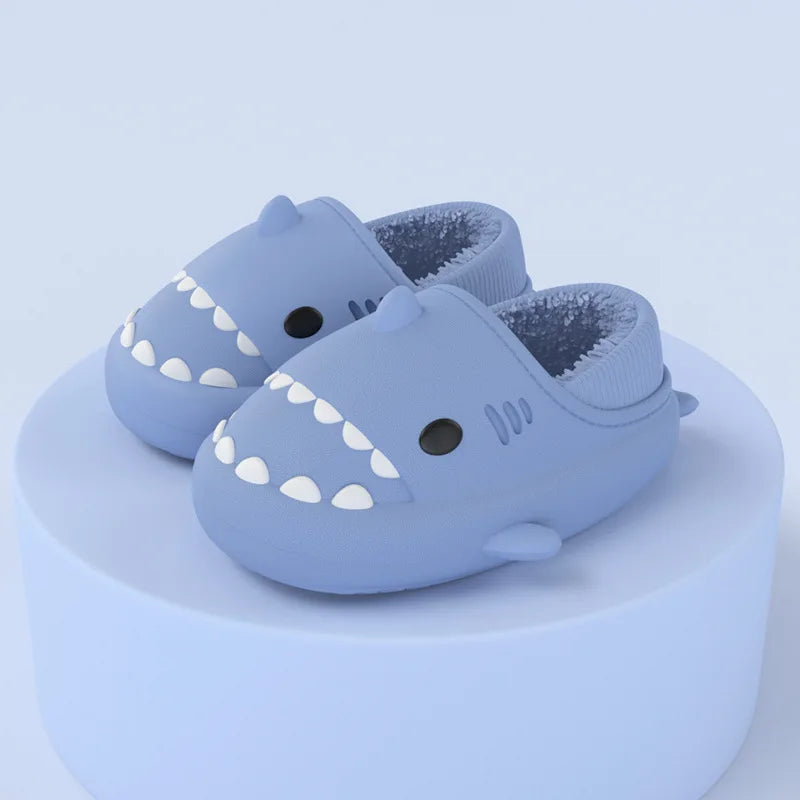 Comwarm Plush Shark Slippers For Women Men Winter Warm Cartoon Cotton Slippers Couple Non-Slip Waterproof Outdoor Home Shoes