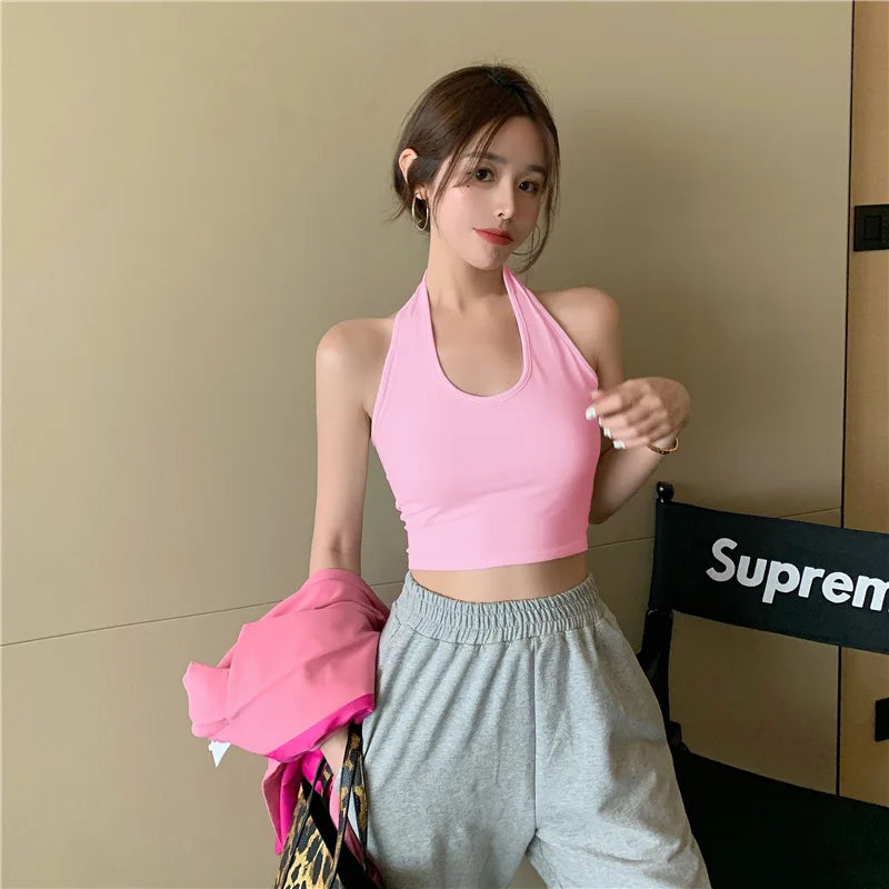 Women Sexy Cropped Crop Tanks Tops Chic Students Halter Club Holiday Party Slim Fit Shirts Summer Fashion High Street Camisole
