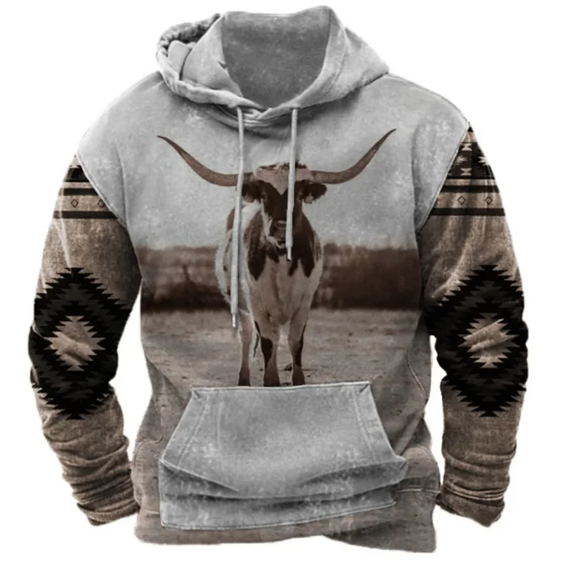 2026 Fall Vintage Print Hoodie Western Cowboy Hoodie Sweatshirt Everyday Casual Oversized Pullover Vintage Street Wear